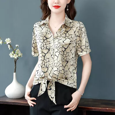Women Leopard Print Chiffon Blouse Tie Hem Vintage Ladies Short Sleeve Top Shirt • $38.16