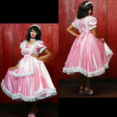 Sissy Girl Maid Pink Satin Dress Cosplay Costumes Tailor-made • $73.50