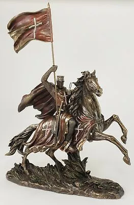 11 1/2  X 16  Medieval Times Templar Knight On Horse W/ Flag Statue Bronze Color • $135