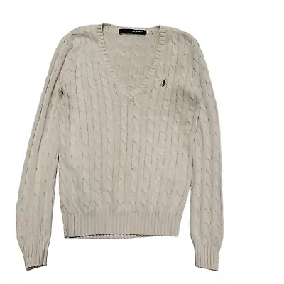 Ralph Lauren Cream V-Neck Cable Knit Jumper Womens UK M DD170 • £34.99