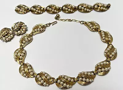 Vintage Crown Trifari Necklace Bracelet Set Alfred Philippe Gold Tone Pearl READ • $30