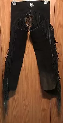 Western Suede Leather Fringed Zippered Chaps 36  Long 32  Waist - Black As Is • $84.95