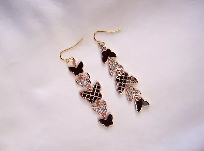 Betsey Johnson Vtg Rose Gold Asymmetric Black White Crystal Butterfly Earrings • $19.95