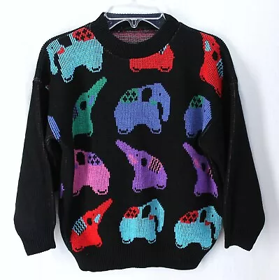 Vintage Elephant Sweater Childrens Sz S? Black Blue Red Acrylic Made In USA • $19.99