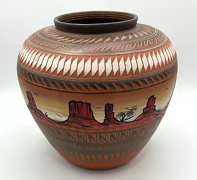 Navajo Etched Pottery Vase Signed Ernie Watchman Navajo Monument Valley 9” • $192