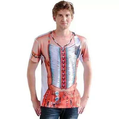 Adult Men's Photo Realistic Shirt Indian Chief Fancy Dress Costume T-Shirt • £16.99