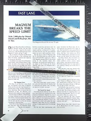 1989 1 Page FEATURE On Magnum Marine Racing 63 Motor Yacht Power Boat • $12.50