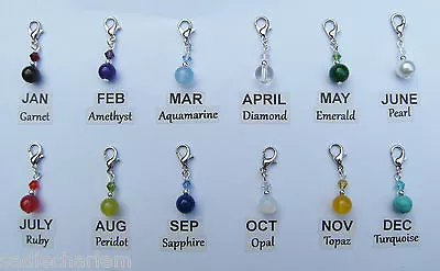 £0.99 • Buy U Choose ~ Birthstone Clip On Bracelet Charms ~ Gift, Silver Clasp Purse-zip-bag
