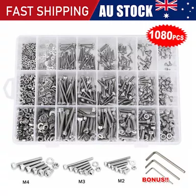 1080pcs M2/M3/M4/M5 Stainless Steel Bolts Nuts Screws Hex Head Assorted Kit Set • $15.95