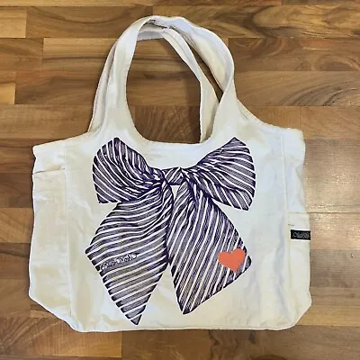 Lauren Moshi White Denim Bag Purple Bow Tote Wide Straps 100% Cotton 15  X 14  • $25