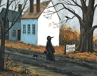 8x10 PRINT OF PAINTING RYTA HALLOWEEN SALEM WITCH HOUSE BLACK CAT Folk Art Fall • $11.99