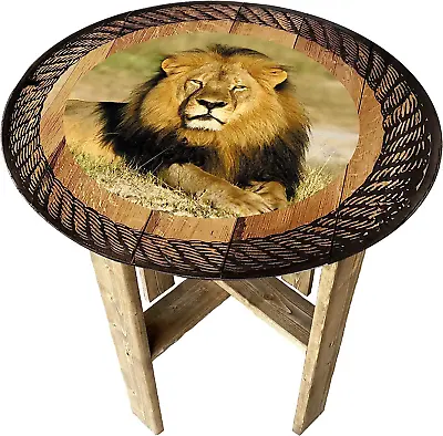 African Lion Pub Gift Farmhouse Rustic Round Whiskey Barrel End Table Brown  • $188.41