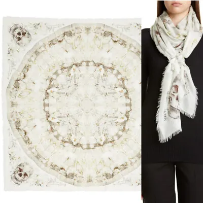 $477.18 • Buy NEW $490 ALEXANDER MCQUEEN Ivory OPHELIA SKULL FLORAL Modal Wool Shawl SCARF NWT