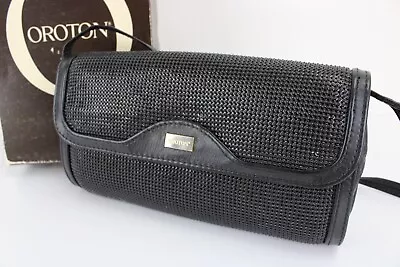 Vintage OROTON Black Mesh Clutch Purse Bag With Leather Strap In Original Box • $65