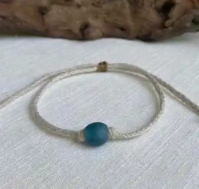 Organic Natural Hemp Anklet Blue Recycled Glass Bead Adjustable Sea Glass • $11