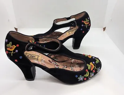 Miss L Fire Shoes Black Velvet Embroidered Beaded Vintage SIZE 37 US SIZE 6.5 • $49.99