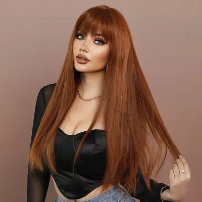Cosplay Wig With Bangs Heat Resistant Hair Long Straight Fake Scalp Copper Red • £12.99