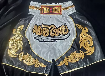 Nakarad Size M Kids Muay Thai Boxing Shorts (9Y-10Y) Black/White Gold Accents • $13