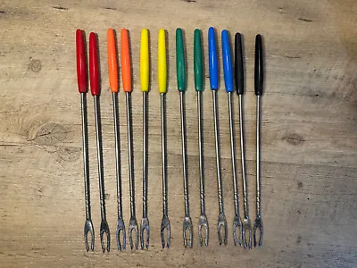 Vintage Fondue Fork Set Of 12 - Colored Plastic Handles Stainless Steel • $15