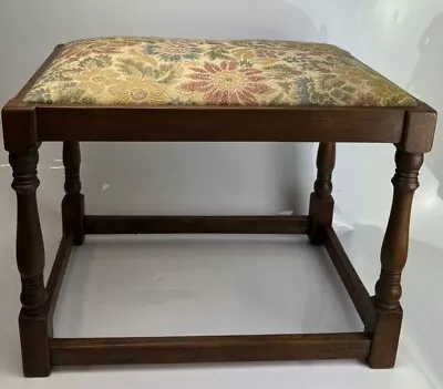 Large Antique Solid Oak Wood Settle / Footstool With Floral Upholstered Seat • £129.95