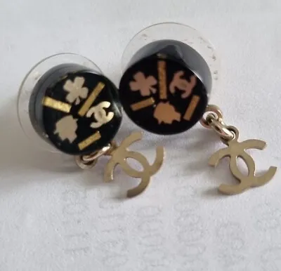 CHANEL DANGLE CC EARRINGS W GOLD MADEMOISELLE CLOVER & CC IN ROUND BLACK SIGNED  • $560