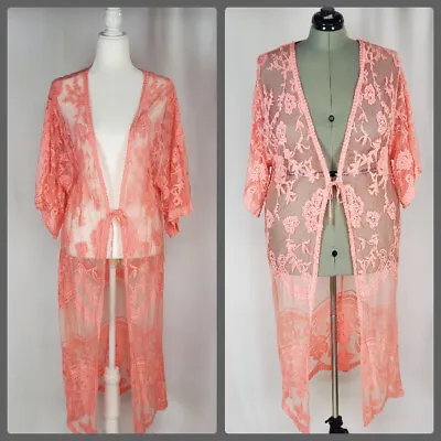 Womens Duster Coral Floral Robe Boudoir Sexy Peignoir Sheer Long Length One Size • £27.85
