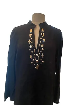 Michael Kors Linen Top Tunic Black Beaded V Neckline Long Sleeve Women’s XL • $15