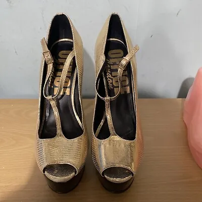 Ladies Slightly Worn Gold T-bar Platform Peep Toes Shoes EU Size 39 • £18