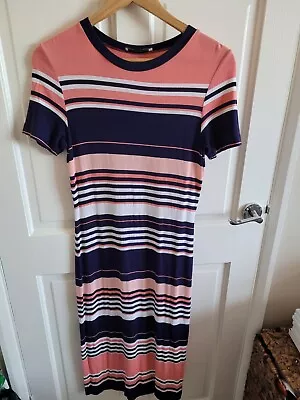 Oasis Pink & Navy Striped T Shirt Long Midi Dress Size M (J) • £12