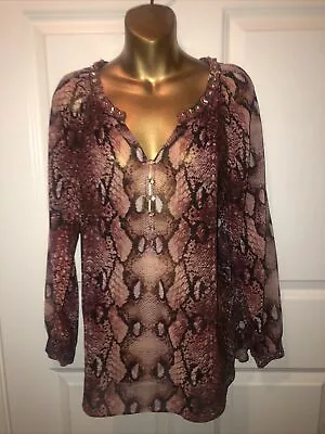 VERA CRISTINA Blouse S 4 6 Black Wine  SNAKESKIN Silk Long Slvs SHEER • $19