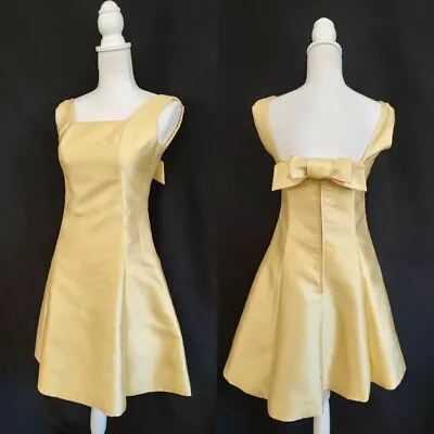 60's Vintage Mod Classic Buttercup Silk Square Neck Bow Back Short Mini Dress S • $42.99