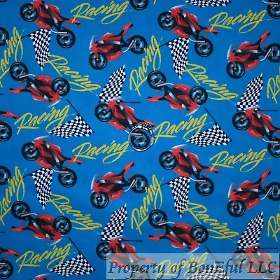 BonEful Fabric FQ Cotton Quilt Blue Black Red Motorcycle Racer Racing Car Flag S • $5.13