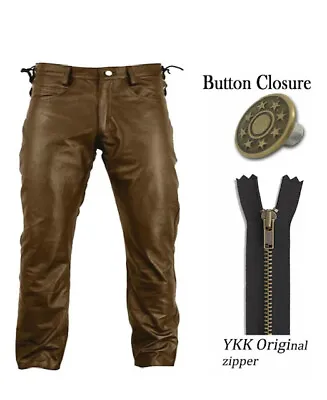 Men's Waist Side Short Laces SOFT GENUINE COW LEATHER Brown Jean Pants • $98.39