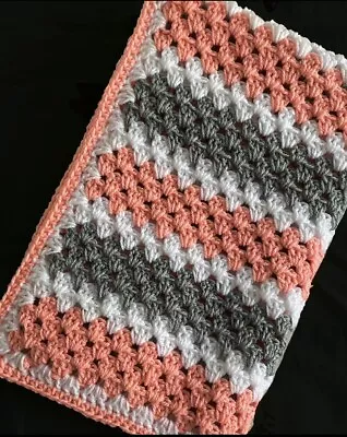 Hand Crocheted Warm Baby Blanket/car Seat/pram/crib Peach White Grey Xmas Gift • £9.99