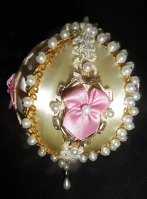 Vintage Beaded Ornament -  HANDMADE WHITE SATIN ROUND BALL W/PEARLS & TRIM • $4.99