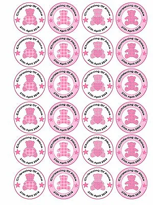 24 X Personalised Christening Baptism Baby Shower Girl Teddy Cup Cake Toppers • £2.09