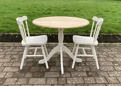 Lovely Shabby Chic Solid Beech Small Round Table & 2 Matching Chairs. • £195