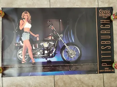 Coors Extra Gold Harley Davidson Pittsburgh Motorcycle POSTER Swimsuit Pinup '93 • $21.02