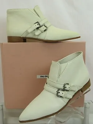 Nwd Miu Miu Prada 5t9121 Off White Leather 2x Buckles Straps Ankle Boots 38.5 • $259