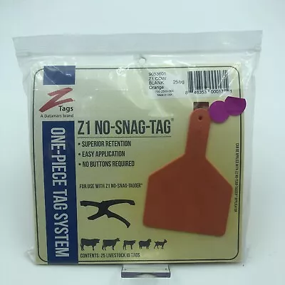 Z-Tag One Piece Cow Identification Ear Tag - 3 Wx 4-1/2 H Orange/25 Count • $39.95