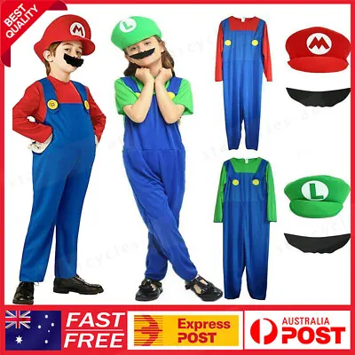 Kids Super Mario Brothers Luigi Fancy Dress Boys Girls Party Costume Xmas 5-10Yr • $8.54