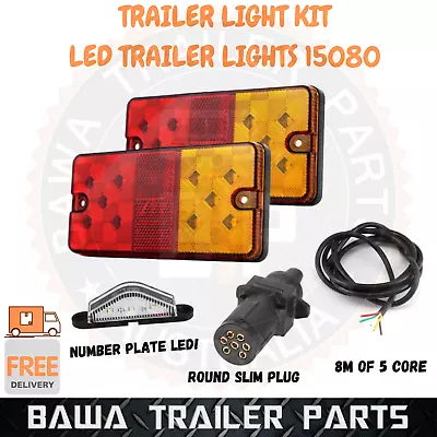 Led 15080 Trailer Lights Kit 7 Pin Round Plug Number Plate Light 5 Core Cable • $52.95