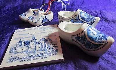 Lot Of Delft Porcelain & Wood Clogs Mini Cobalt Blue & White Plus Small Tile • $16.90