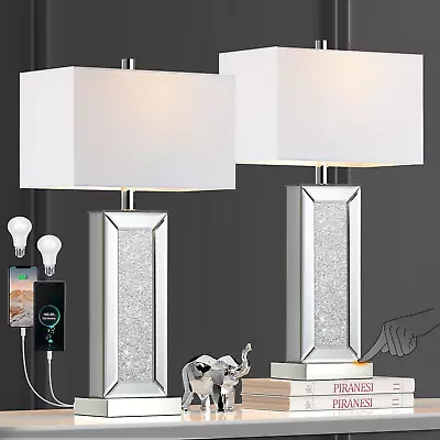 Modern Table Lamp Set Of 2 Touch Control Silver Mirror Diamond Crystal Bedside • $137.63