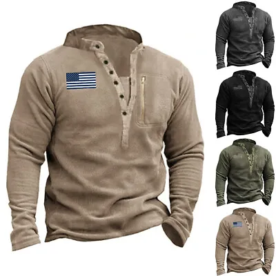 Mens Fleece Tactical T-Shirt Thermal Warm Sweatshirt Military Combat Jumper Tops • £10.39