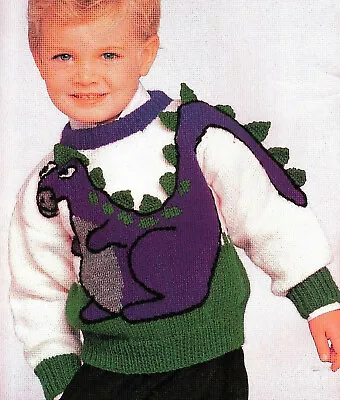 Baby Boys Girls Dinosaur Intarsia Sweater Jumper KNITTING PATTERN Aran 21 - 25  • £2.15