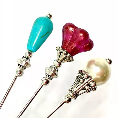 £9.99 • Buy Beautiful  Hat Pins X3 Vintage Antique Silver Style 3  & Pin Protector
