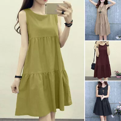 $26.11 • Buy ZANZEA Womens Summer Vest Sundress Casual Tiered Plain Knee Length Maxi Dress AU