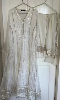 Asian Pakistani 3 Piece Suit Off White Gold Silver Embroidery Maxi Dress Size S • £39.99