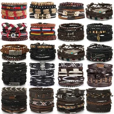 Punk Braided Multilayers Leather Bracelet Set Bangle Wrap Wristband Men Jewelry • $8.53